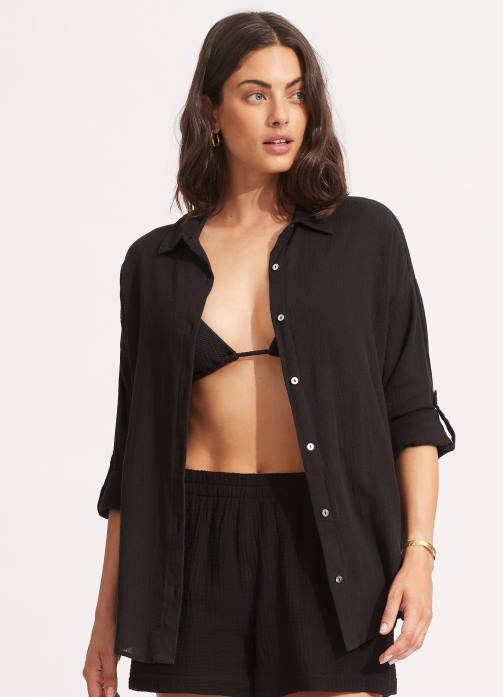Classic Beach Shirt Black Seafolly Women Clothes JRJZ736