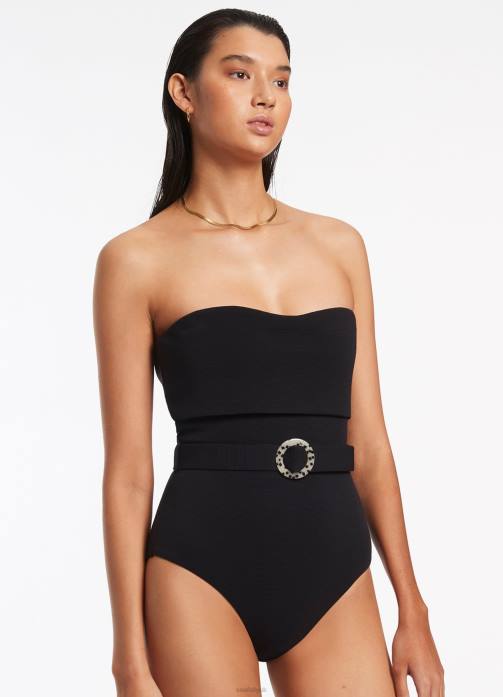 Isla Rib Fold Down Bandeau One Piece Black Seafolly Women Swimwear JRJZ40