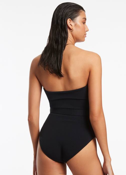 Isla Rib Fold Down Bandeau One Piece Black Seafolly Women Swimwear JRJZ40
