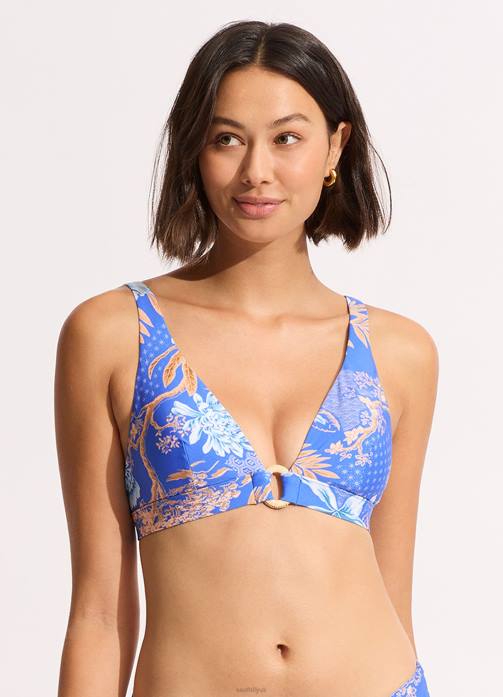Eden Longline Triangle Bikini Top Azure Seafolly Women Swimwear JRJZ176