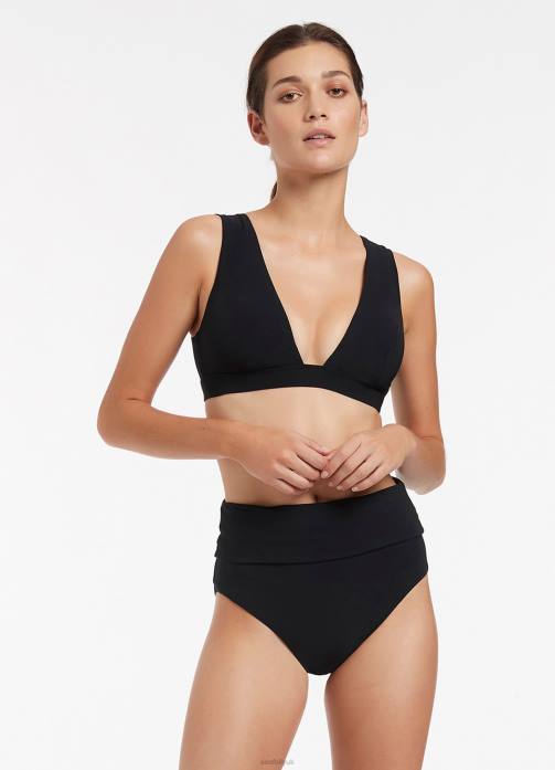 Jetset Fold Down High Waisted Bikini Bottom Black Seafolly Women Swimwear JRJZ253