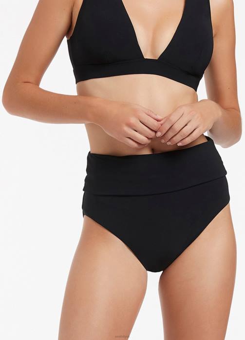 Jetset Fold Down High Waisted Bikini Bottom Black Seafolly Women Swimwear JRJZ253