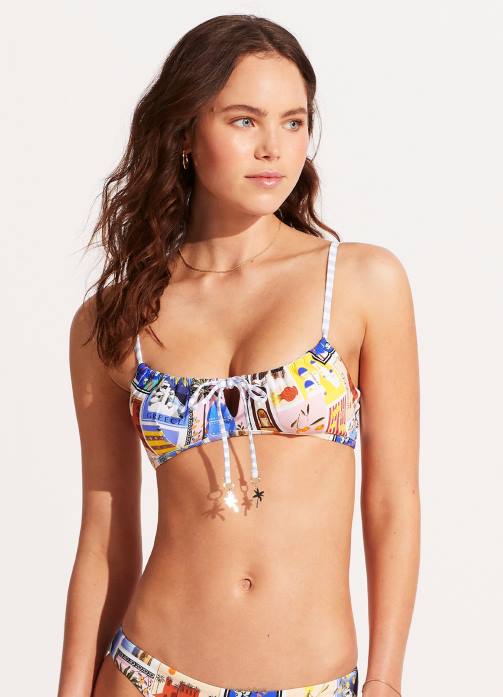 On Vacation Drawstring Neck Bralette Azure Seafolly Women Swimwear JRJZ407