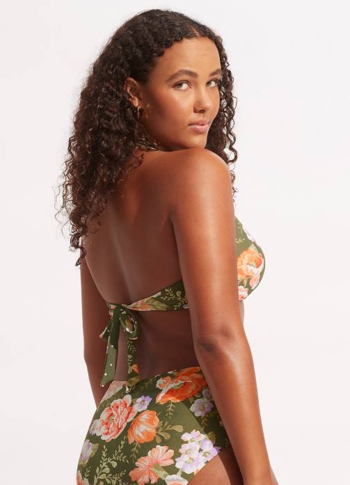 Paradise Garden Tab Front Halter Bra Avocado Seafolly Women Swimwear JRJZ609