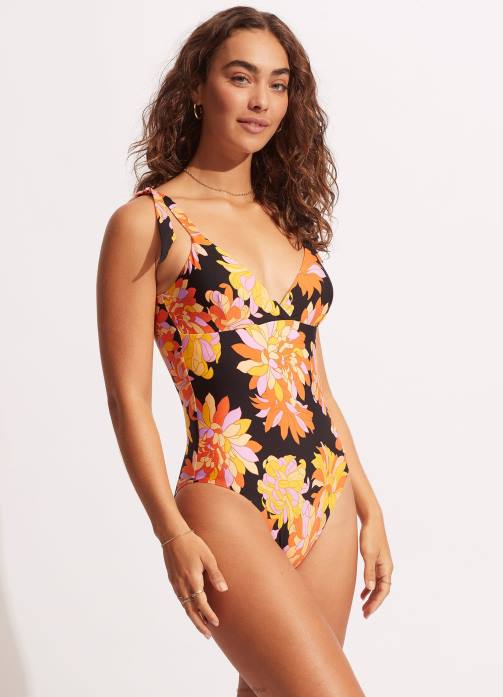 Palm Springs Wrap Front One Piece Black Seafolly Women Swimwear JRJZ165
