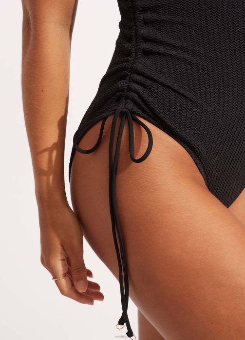 Sea Dive Scoop Neck Drawstring Side One Piece Black Seafolly Women Swimwear JRJZ66