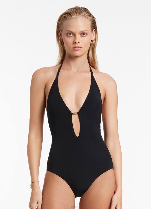 Jetset Plunge One Piece Black Seafolly Women Swimwear JRJZ160