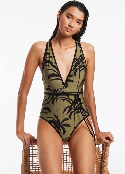 Palme Plunge One Piece Olive Seafolly Women Swimwear JRJZ106