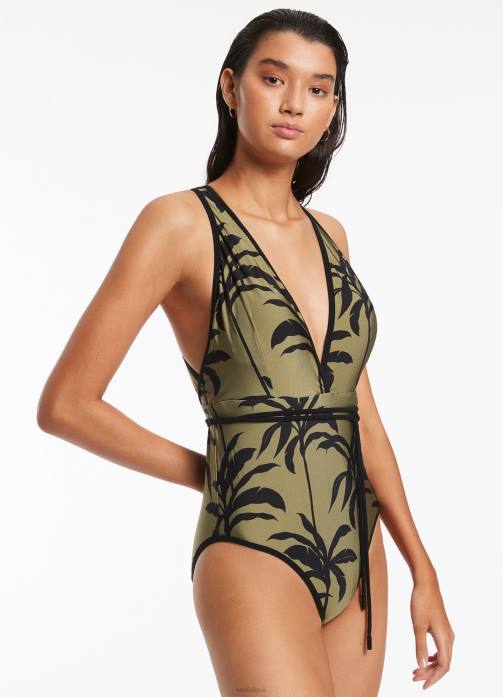 Palme Plunge One Piece Olive Seafolly Women Swimwear JRJZ106