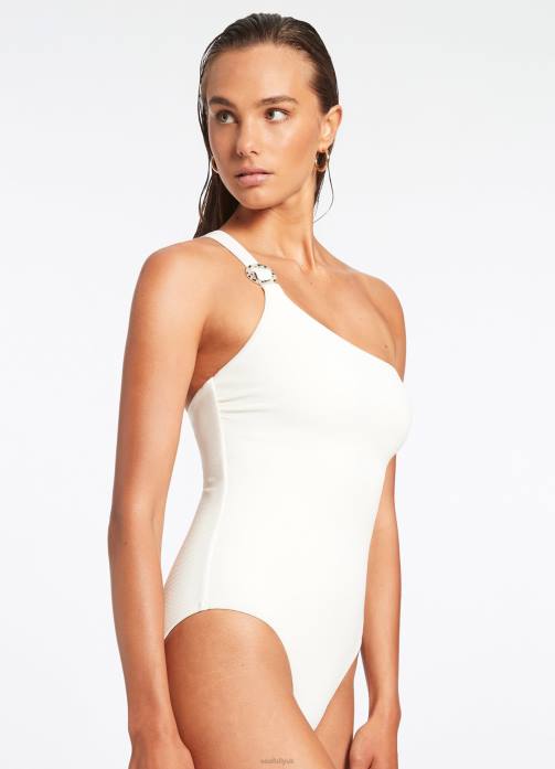 Isla Rib One Shoulder One Piece Cream Seafolly Women Swimwear JRJZ155