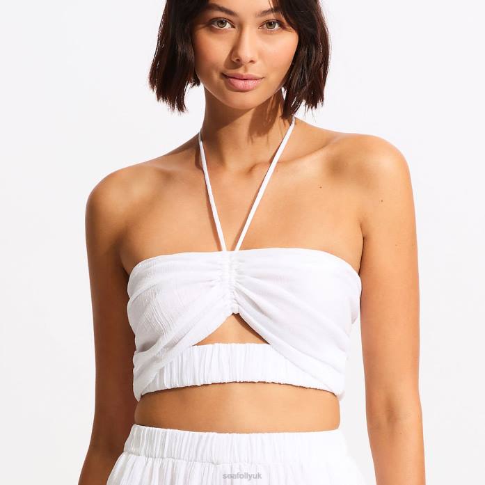 Crinkle Crop Top White Seafolly Women Swimwear JRJZ735
