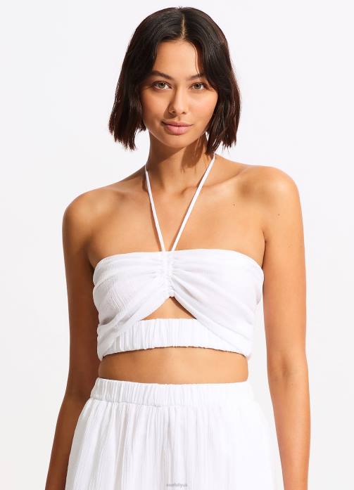 Crinkle Crop Top White Seafolly Women Swimwear JRJZ735