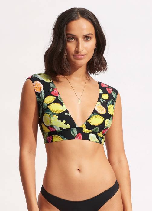Lemoncello Cap Sleeve Top Black Seafolly Women Swimwear JRJZ630